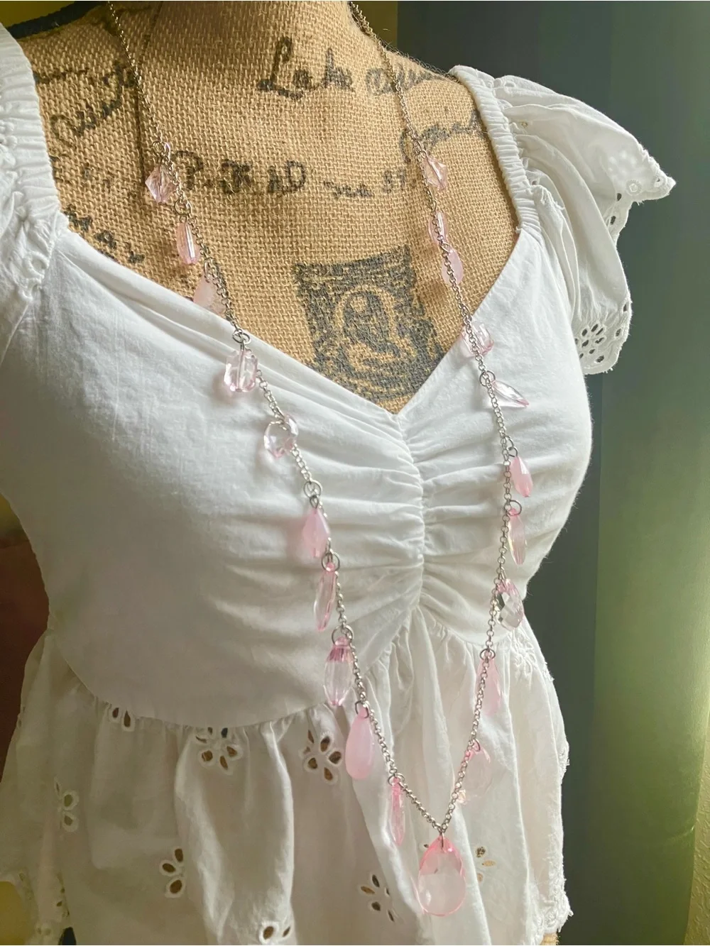 💕Long pink clear rhinestone necklace